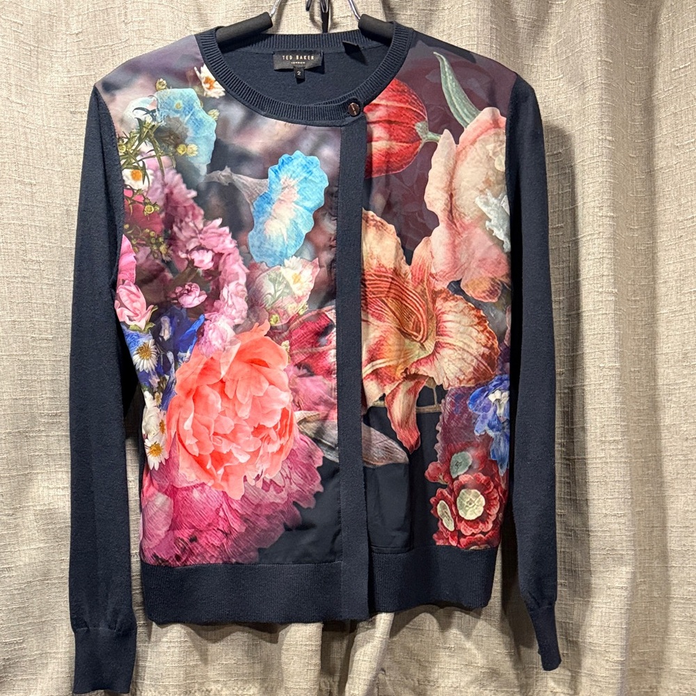 Ted Baker Navy Floral Cardigan 2 U.S 6
